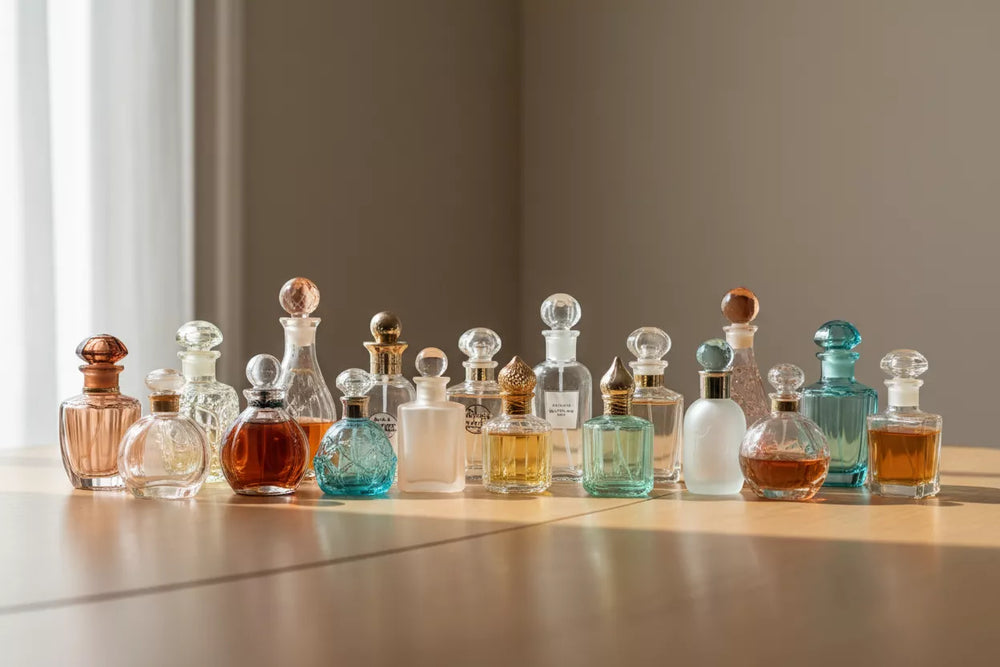 Historia perfum - kolekcja vintage flakonów na jasnym drewnie, historyczne zapachy różnych epok