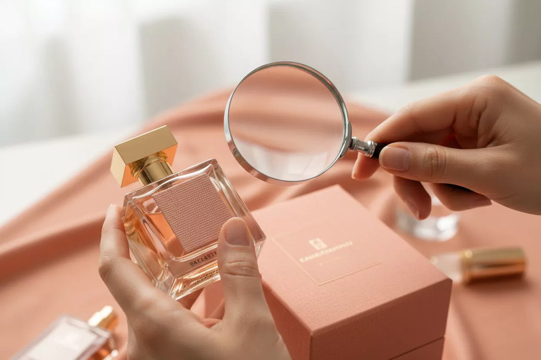 Weryfikacja autentyczności perfum - dłonie sprawdzające butelkę perfum z lupą, kontrola numeru seryjnego i jakości opakowania